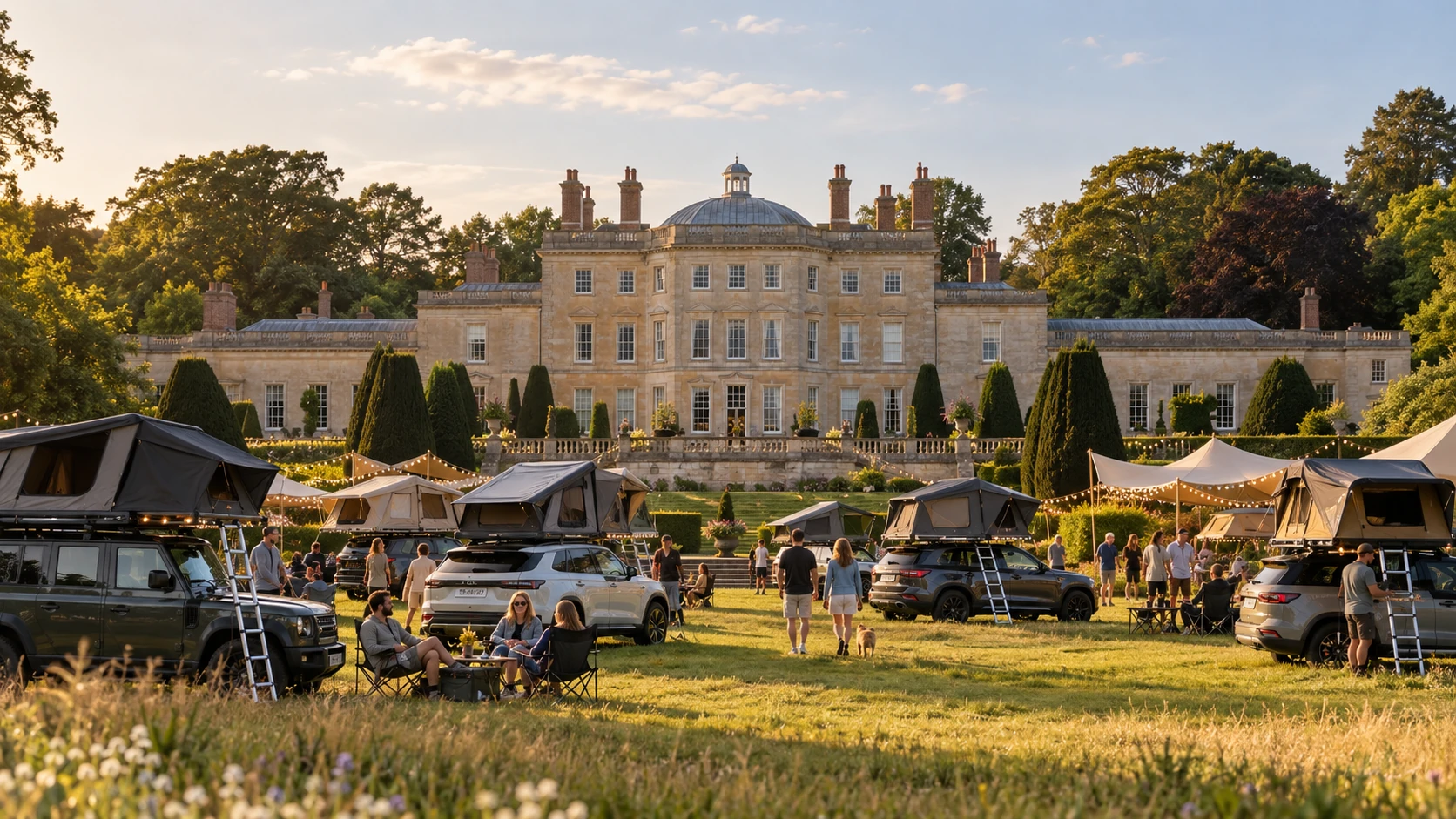 Festival visualisation showing rooftop tents and visitors in front of Scampston Hall