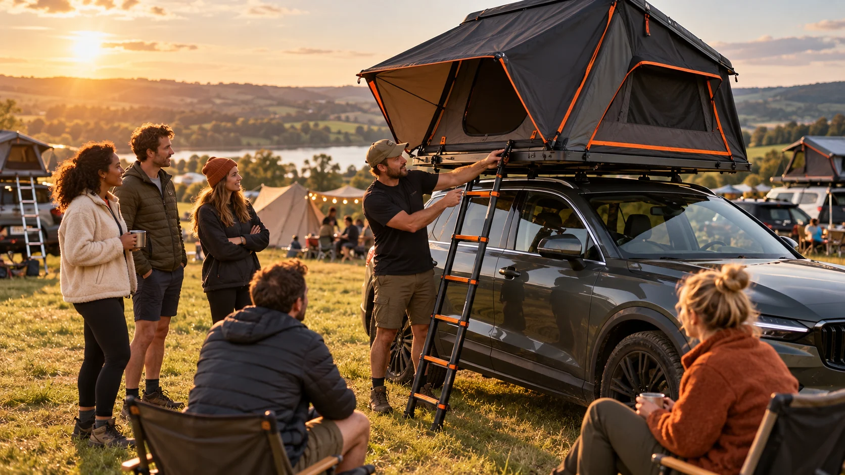 A presenter demonstrating an unbranded rooftop tent to a small group